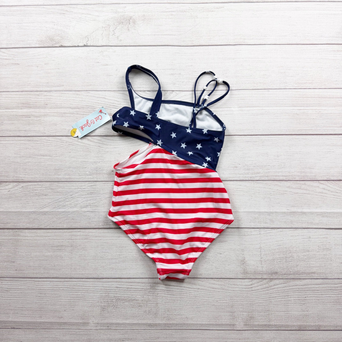 Cat & Jack Girls One Piece Swimsuit Stars Stripes Red White Blue Cutout NWT M 8