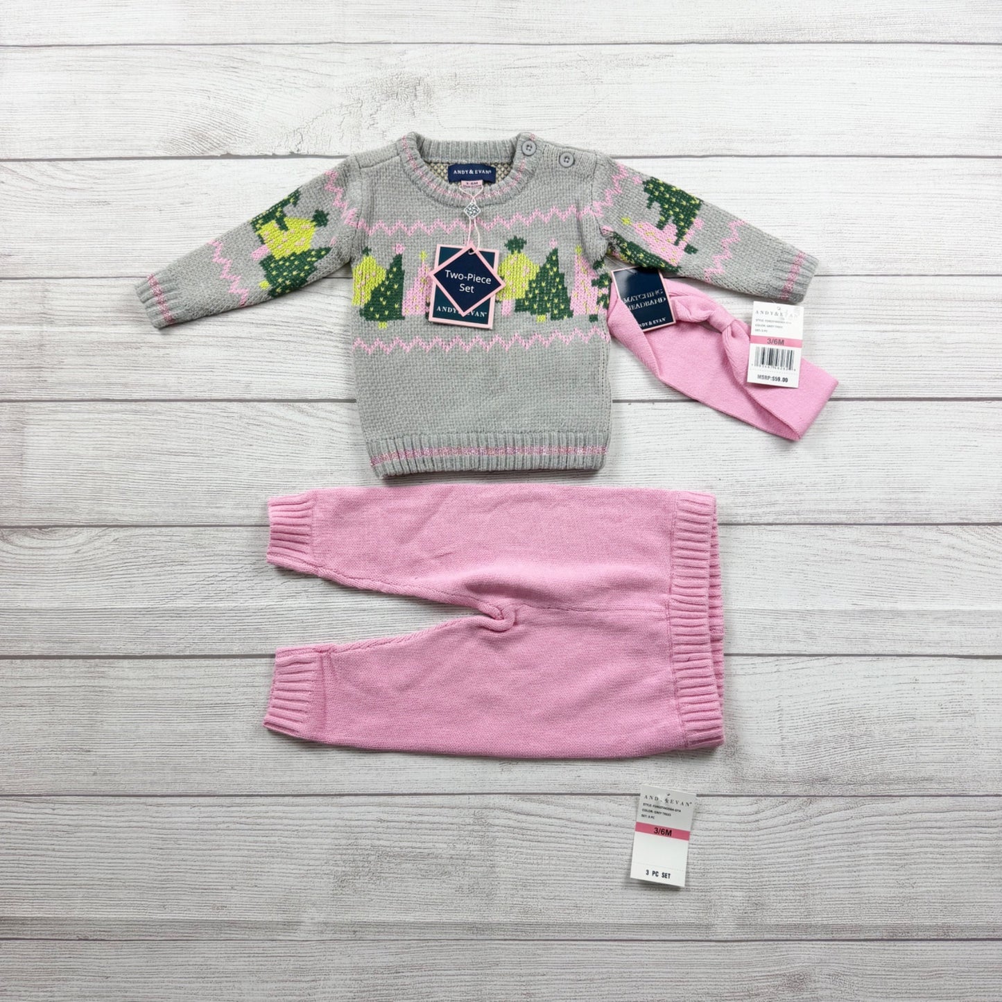 Andy & Evan Baby Girl Set Knit Pants Fair Isle Tree Sweater NWT 3-6 Months
