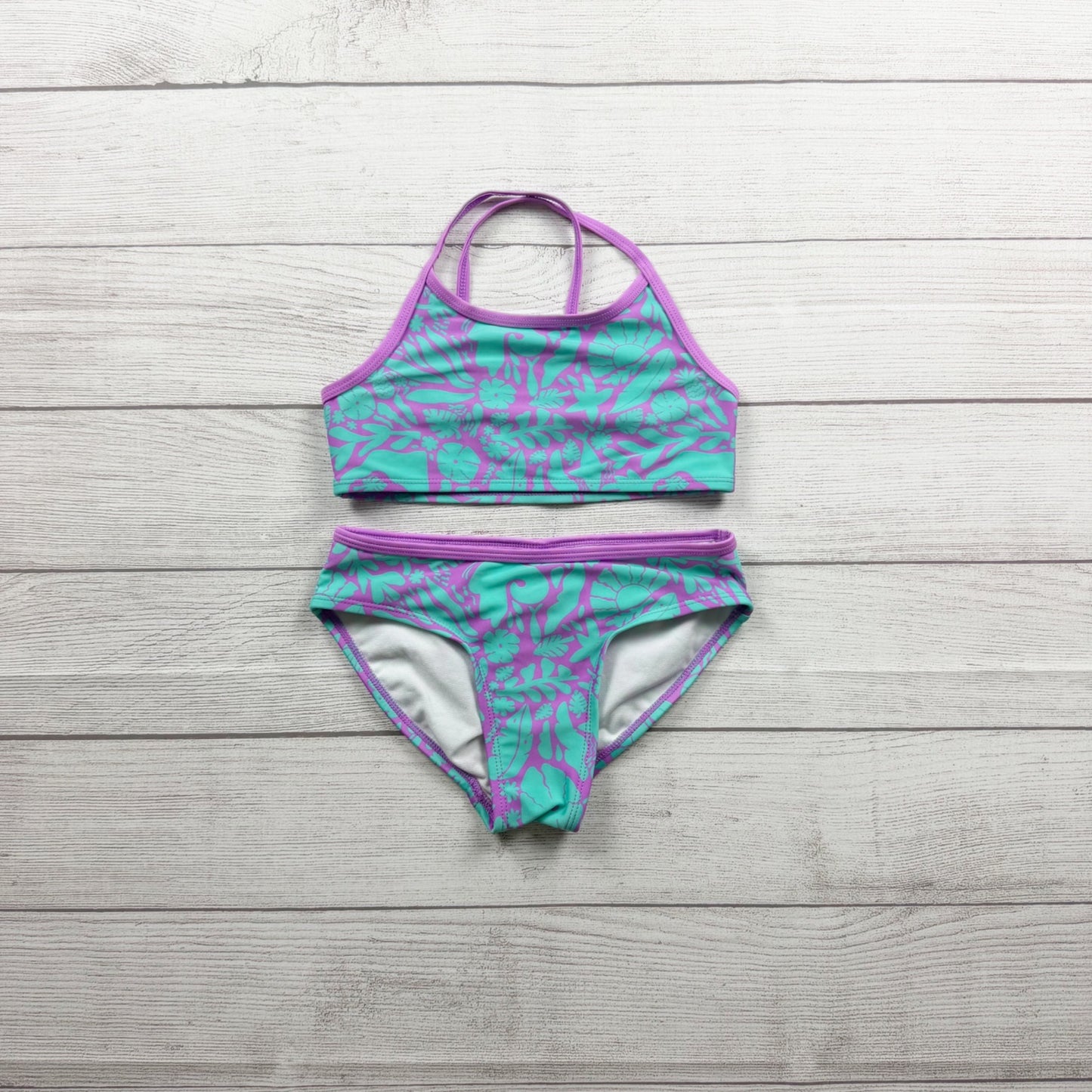 Cat & Jack Tropical Print Two Piece Swimsuit Purple Aqua Girls M 8