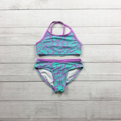Cat & Jack Tropical Print Two Piece Swimsuit Purple Aqua Girls M 8