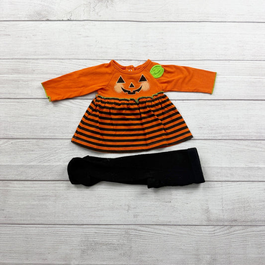 Halloween Pumpkin Dress Outfit Set Striped Dress + Black Tights Newborn