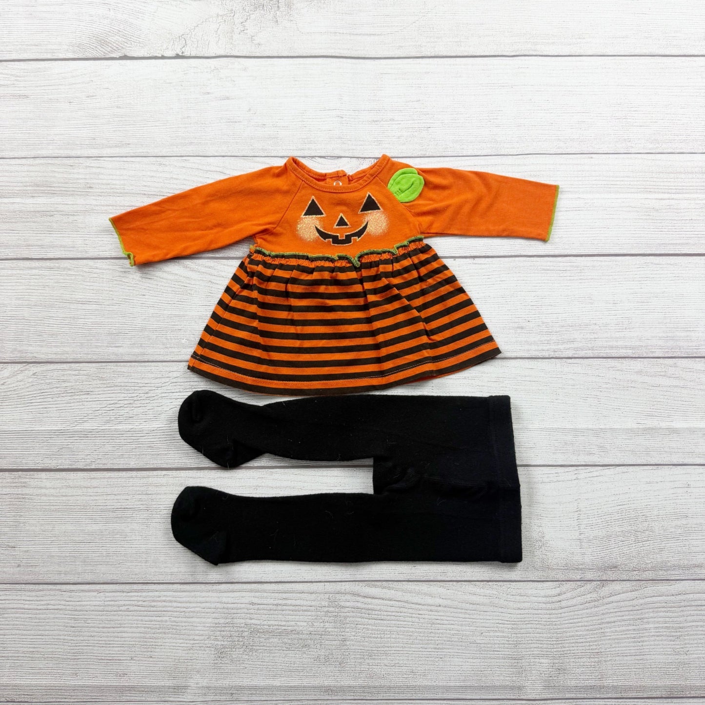 Halloween Pumpkin Dress Outfit Set Striped Dress + Black Tights Newborn