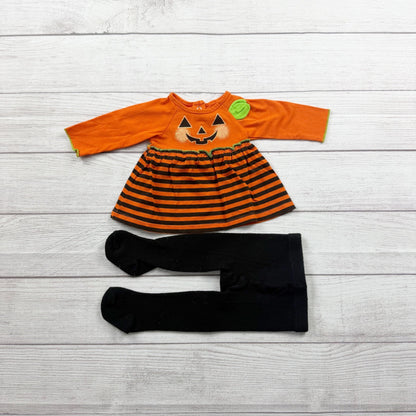 Halloween Pumpkin Dress Outfit Set Striped Dress + Black Tights Newborn