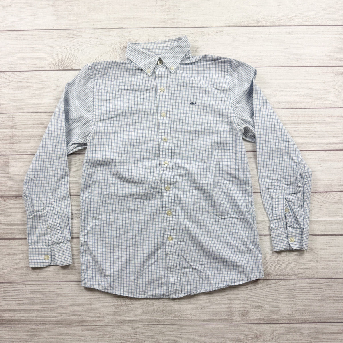 Vineyard Vines Boys Blue Check Whale Shirt Cotton Button Down Collar L 16