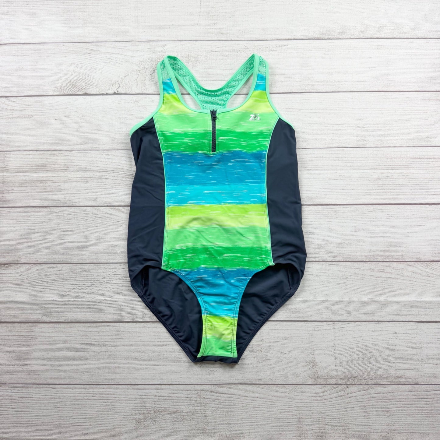 ZeroXposur Girls Athletic One Piece Swimsuit Zipper Stripes XL 16