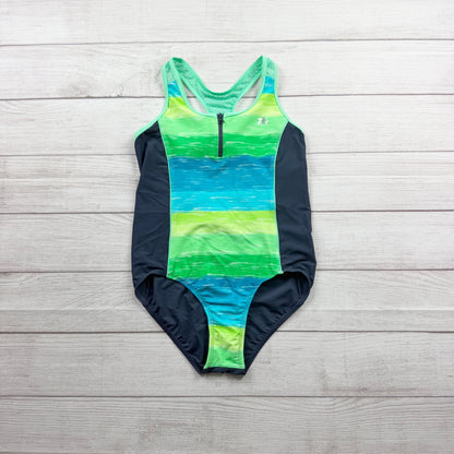 ZeroXposur Girls Athletic One Piece Swimsuit Zipper Stripes XL 16