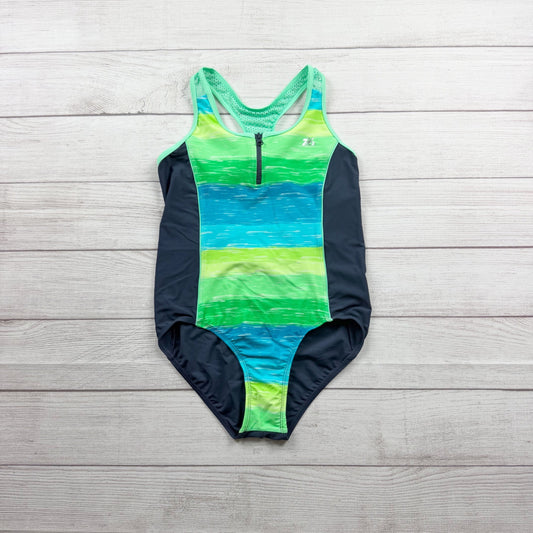 ZeroXposur Girls Athletic One Piece Swimsuit Zipper Stripes XL 16
