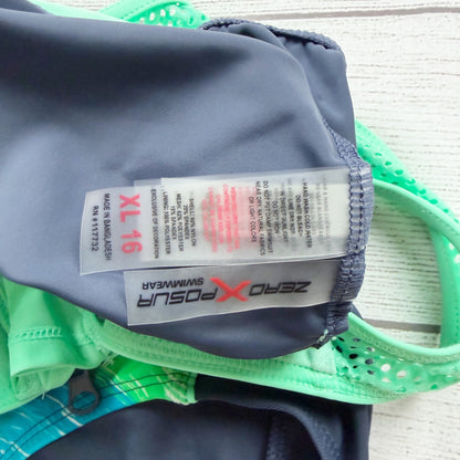 ZeroXposur Girls Athletic One Piece Swimsuit Zipper Stripes XL 16