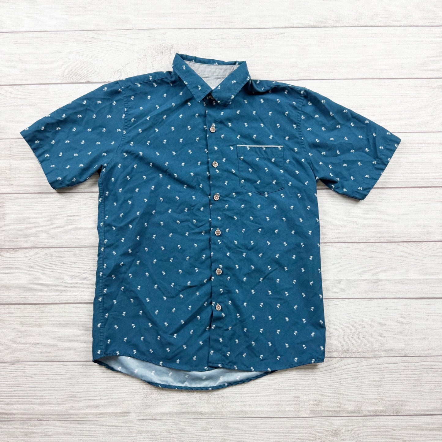 Craft + Flow Boys Button Up Palm Print Shirt Blue Short Sleeve L 14-16