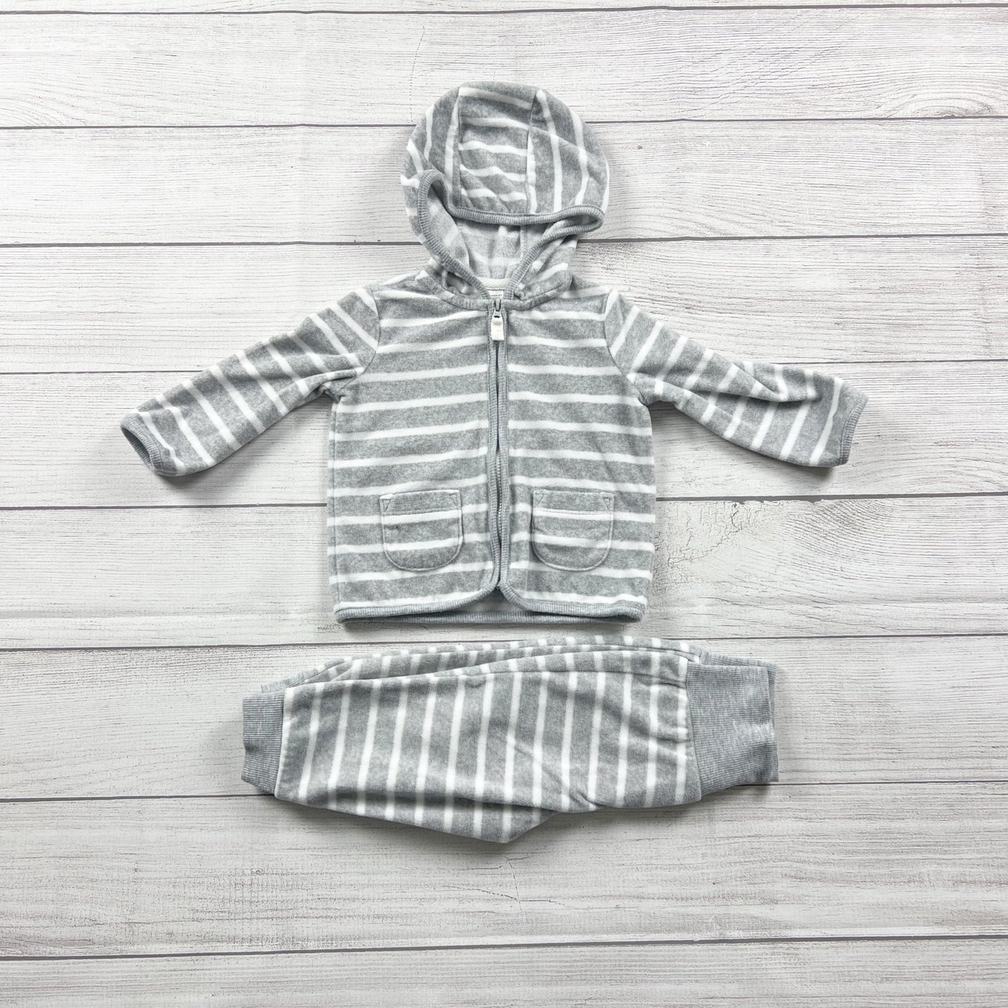 Carter's Baby Hoodie Jacket Set Gray White Stripe Zip-Up Outfit 12 Months