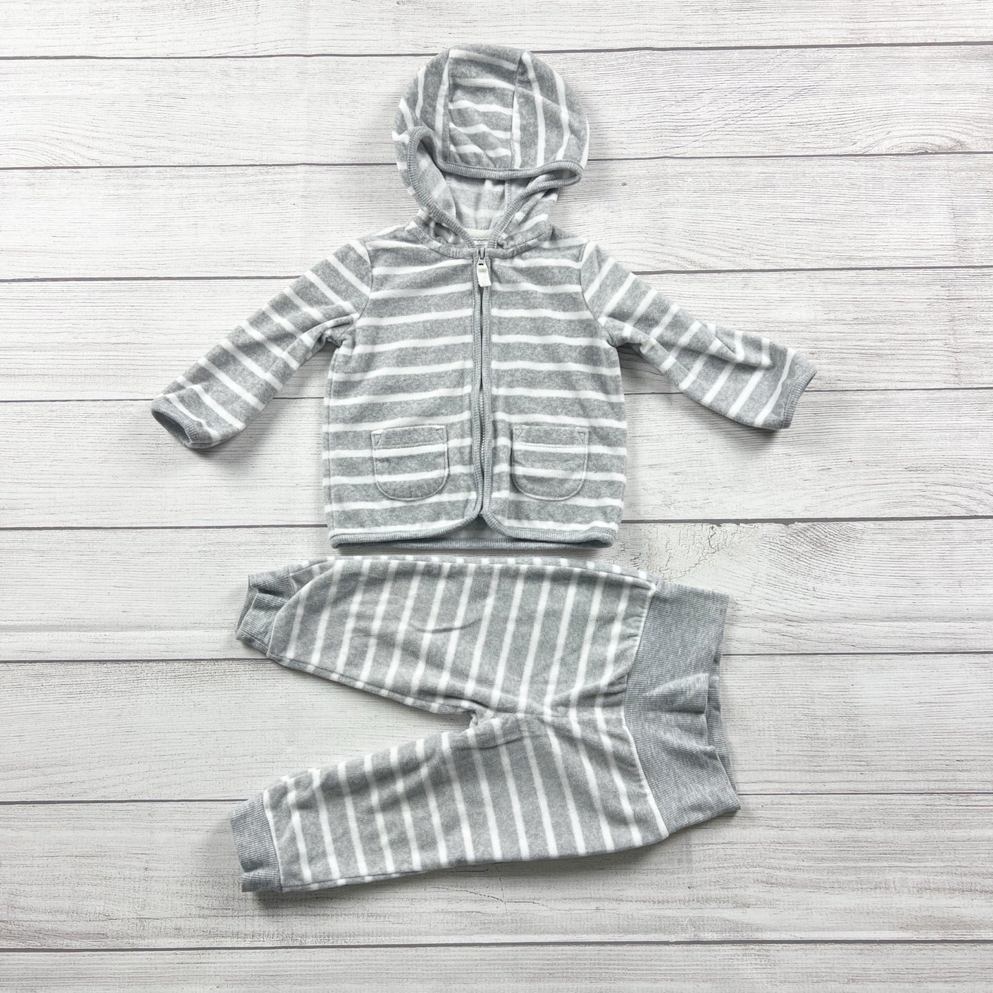 Carter's Baby Hoodie Jacket Set Gray White Stripe Zip-Up Outfit 12 Months