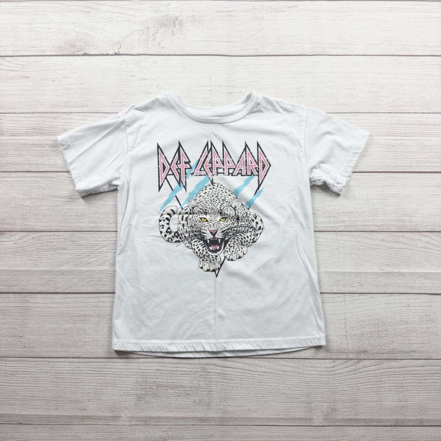 Def Leppard Kids Graphic Tee White Leopard Print M 7-8