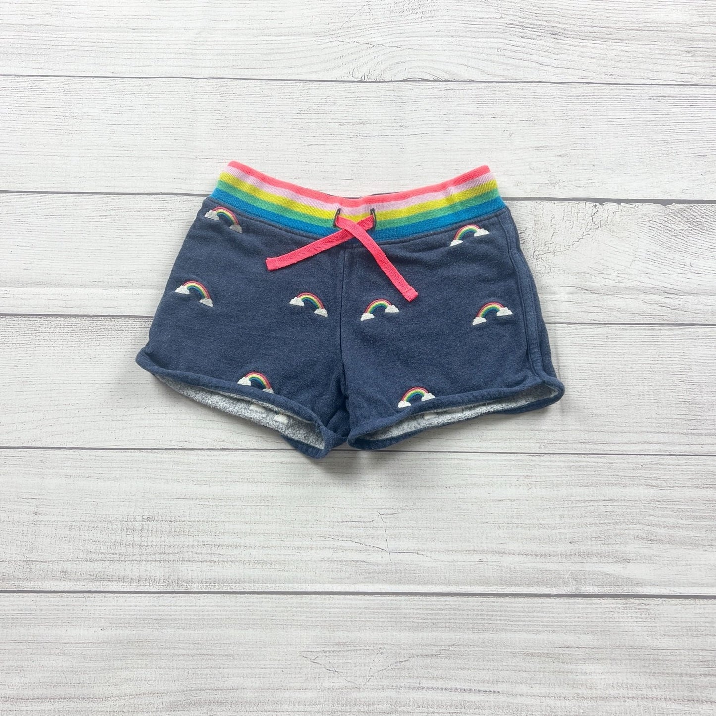 Mini Boden Girls Sweatshorts Rainbow Print Shorts Colorful Stripe Waistband 7