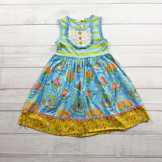 Matilda Jane Girls Sleeveless Dress Blue Green Striped Multicolor Cottage Print 6