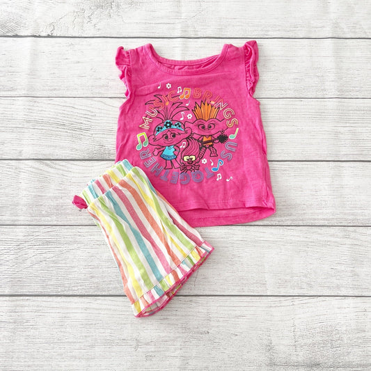 Trolls Toddler Girl 2-Piece Outfit Set Graphic Top & Rainbow Stripe Shorts 2T