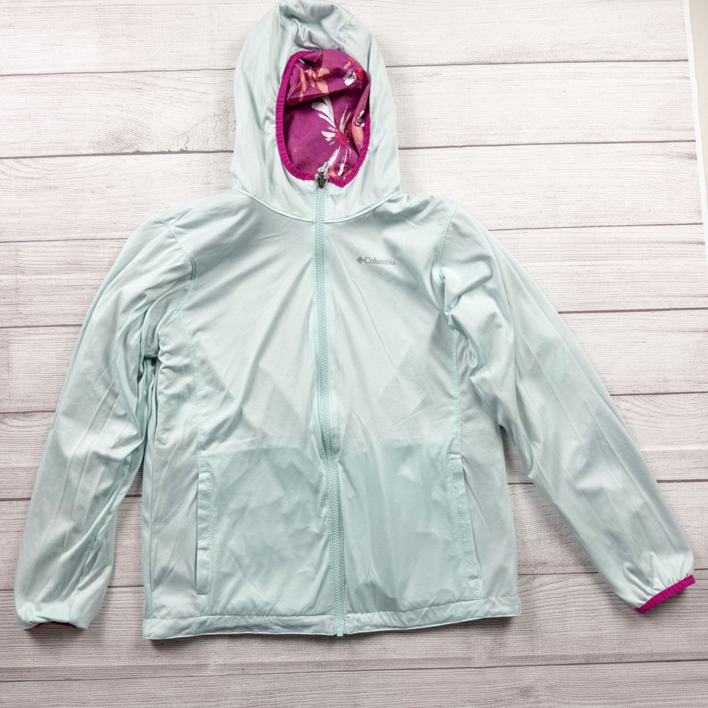 Columbia Kids Reversible Rain Jacket Floral Hooded Windbreaker Coat L 14-16