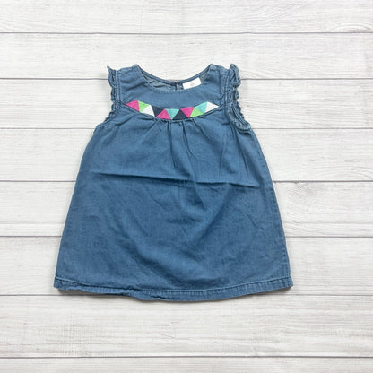 Hanna Andersson Girls Denim Tunic Dress Sleeveless Triangle Embroidery 8