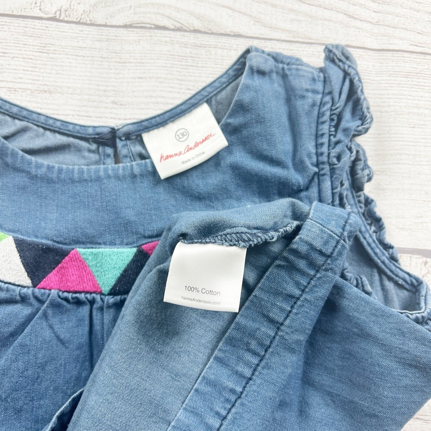 Hanna Andersson Girls Denim Tunic Dress Sleeveless Triangle Embroidery 8
