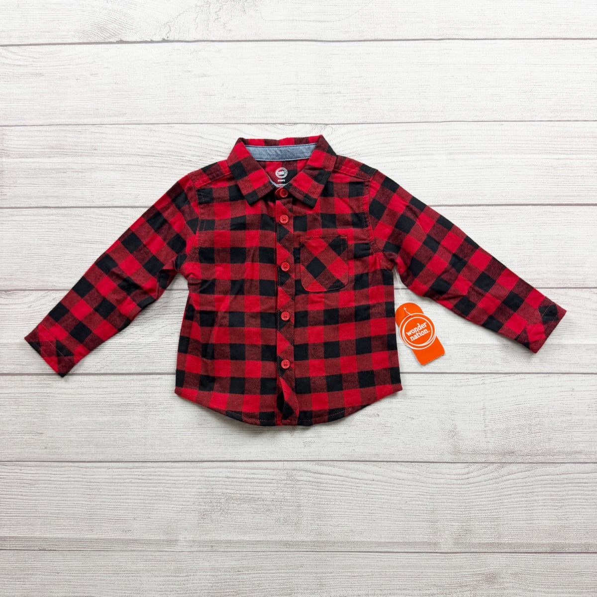 Wonder Nation Boys Red Black Plaid Long Sleeve Button Up Shirt NWT 2T