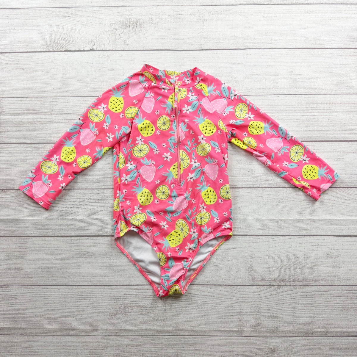 Berkley Jensen Girls One Piece Long Sleeve Swimsuit Pink Fruit Print UPF 50+ 7-8