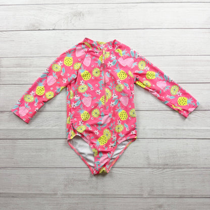 Berkley Jensen Girls One Piece Long Sleeve Swimsuit Pink Fruit Print UPF 50+ 7-8