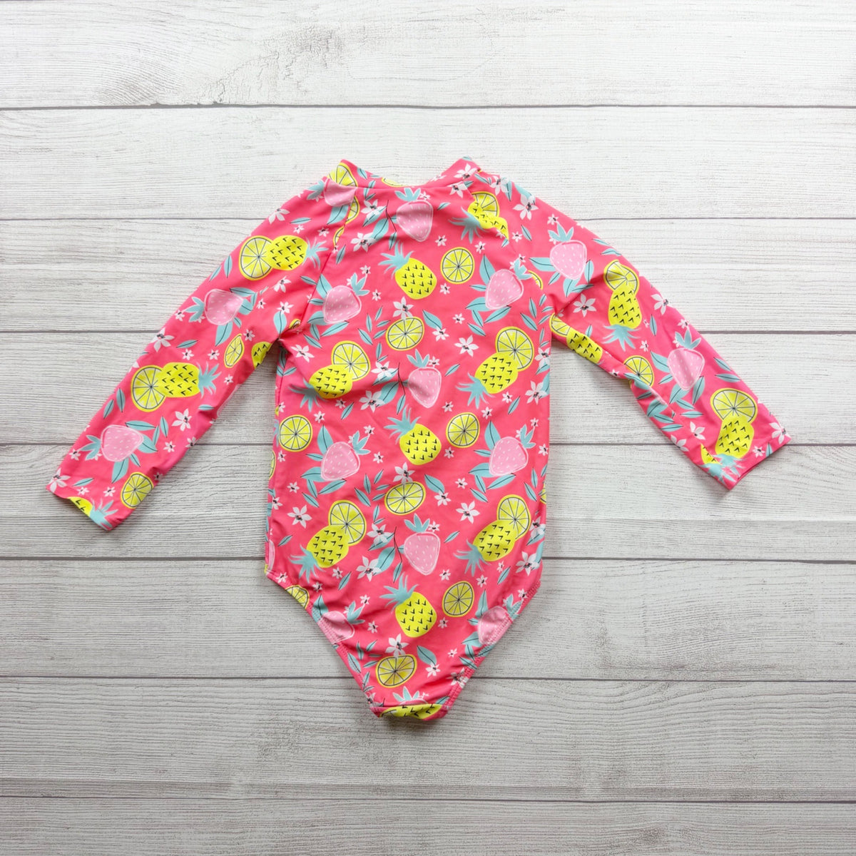 Berkley Jensen Girls One Piece Long Sleeve Swimsuit Pink Fruit Print UPF 50+ 7-8