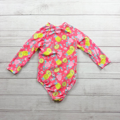 Berkley Jensen Girls One Piece Long Sleeve Swimsuit Pink Fruit Print UPF 50+ 7-8