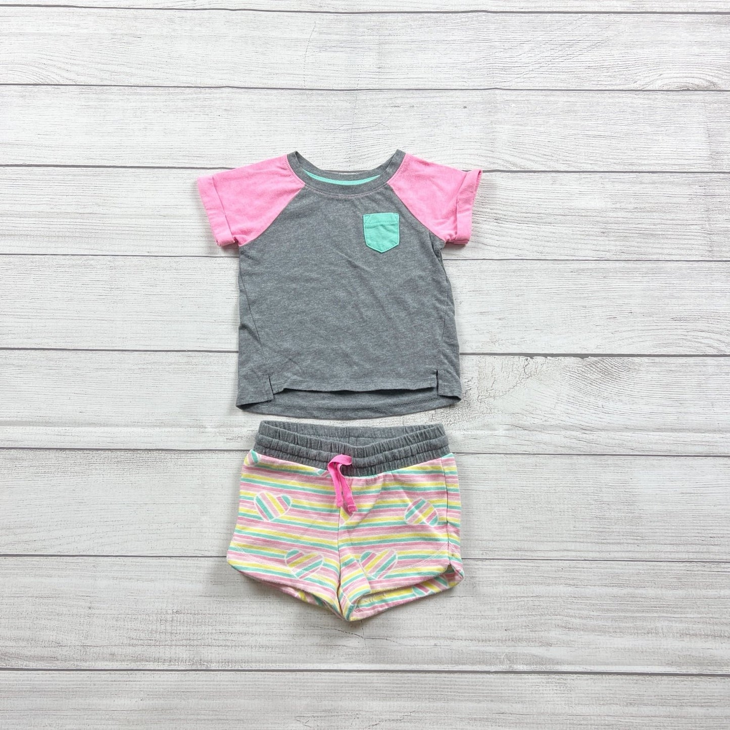 Cat & Jack Infant Girls Outfit Gray Pink Raglan Tee Striped Shorts 12-18 Months