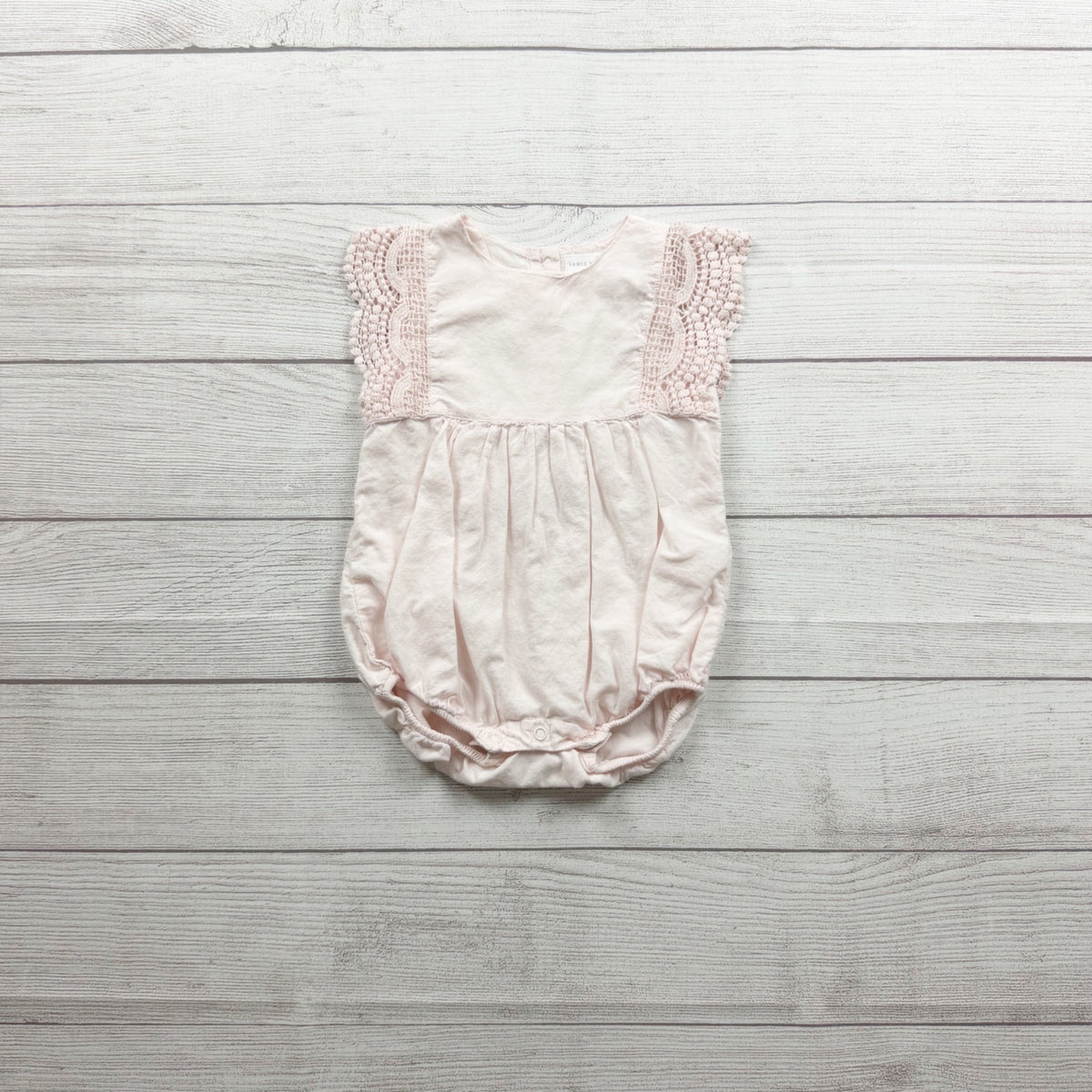 Jamie Kay Baby Pink Romper Crochet Lace Buttons Back Vintage Look 6-12 Months