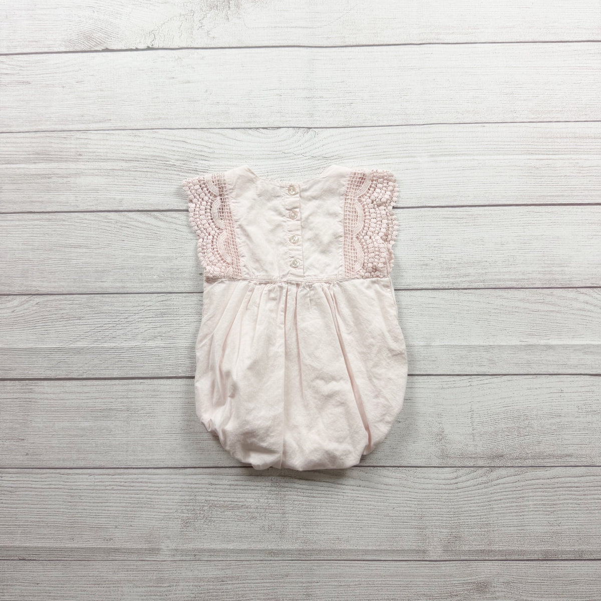Jamie Kay Baby Pink Romper Crochet Lace Buttons Back Vintage Look 6-12 Months