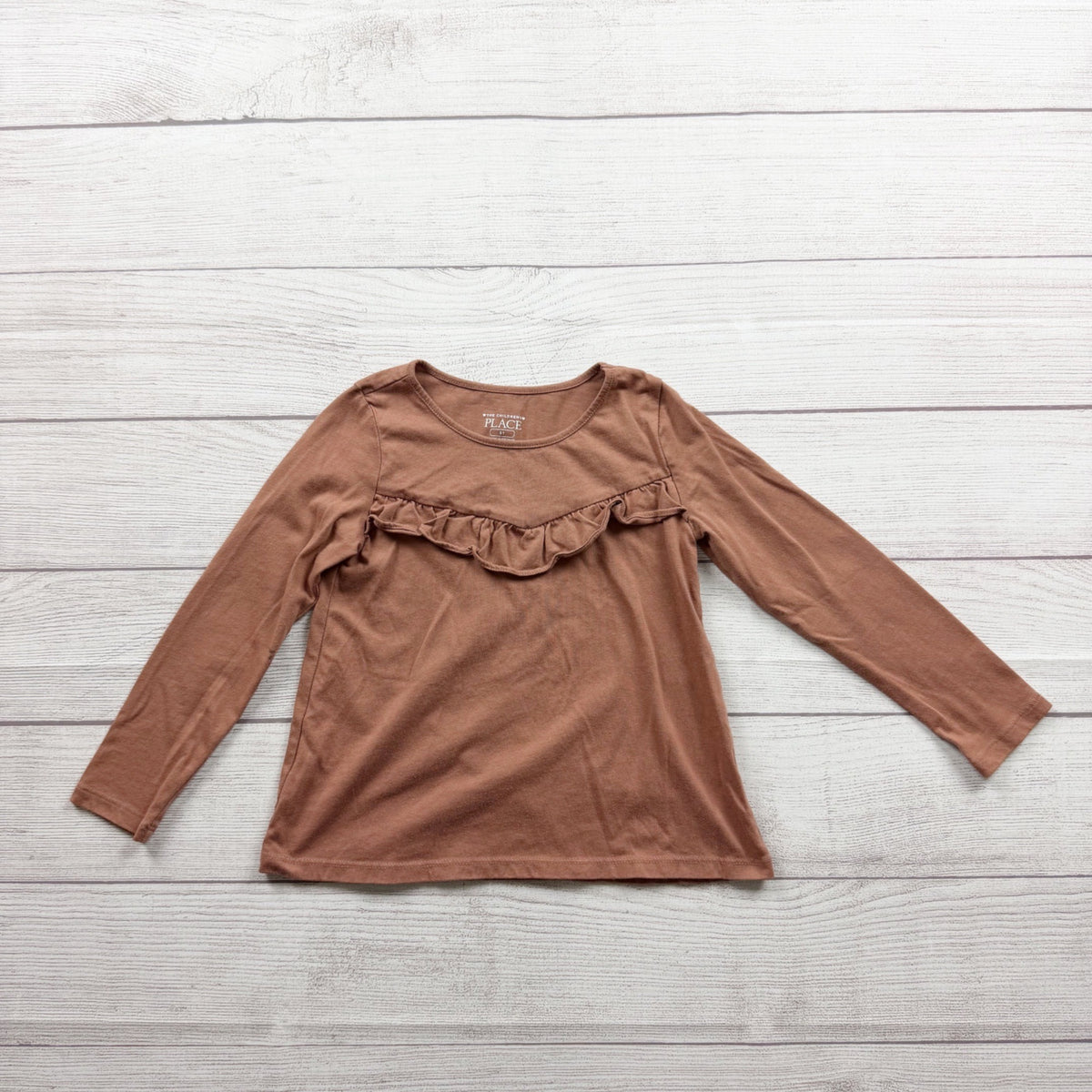 The Children's Place Ruffled Long Sleeve Top Girls Brown Cotton Blend 5T