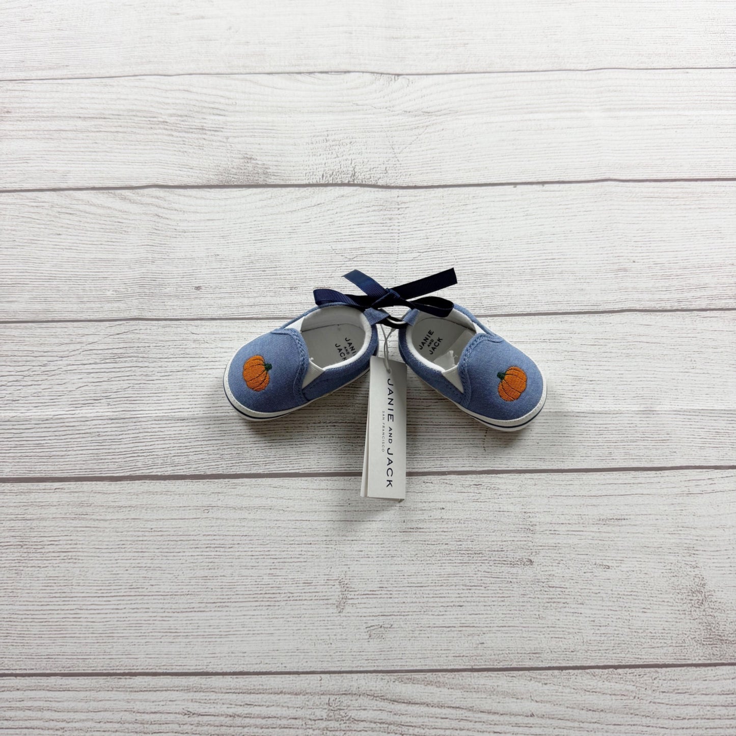Janie And Jack Pumpkin Embroidered Blue Slip On Baby Shoes NWT 0-3 Months