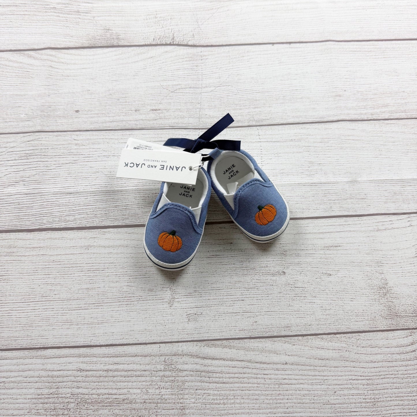 Janie And Jack Pumpkin Embroidered Blue Slip On Baby Shoes NWT 0-3 Months
