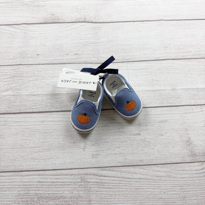 Janie And Jack Pumpkin Embroidered Blue Slip On Baby Shoes NWT 0-3 Months