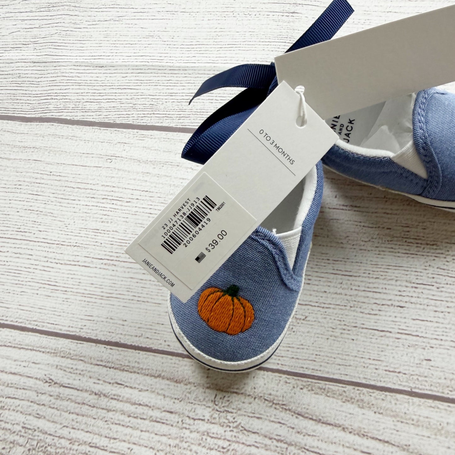Janie And Jack Pumpkin Embroidered Blue Slip On Baby Shoes NWT 0-3 Months