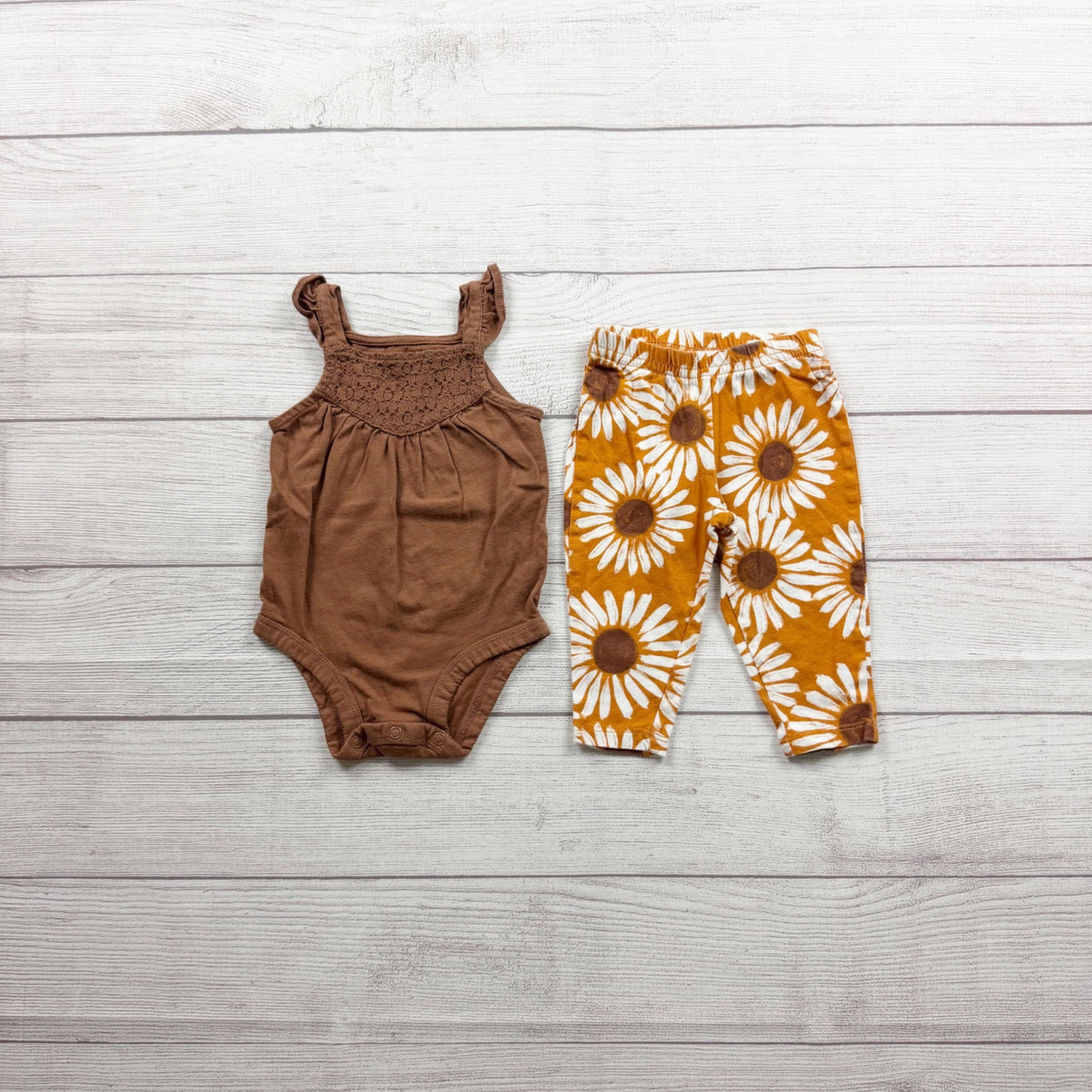 Carter's Baby Girl Brown Bodysuit Sunflower Pants Set Outfit 3-6 Months