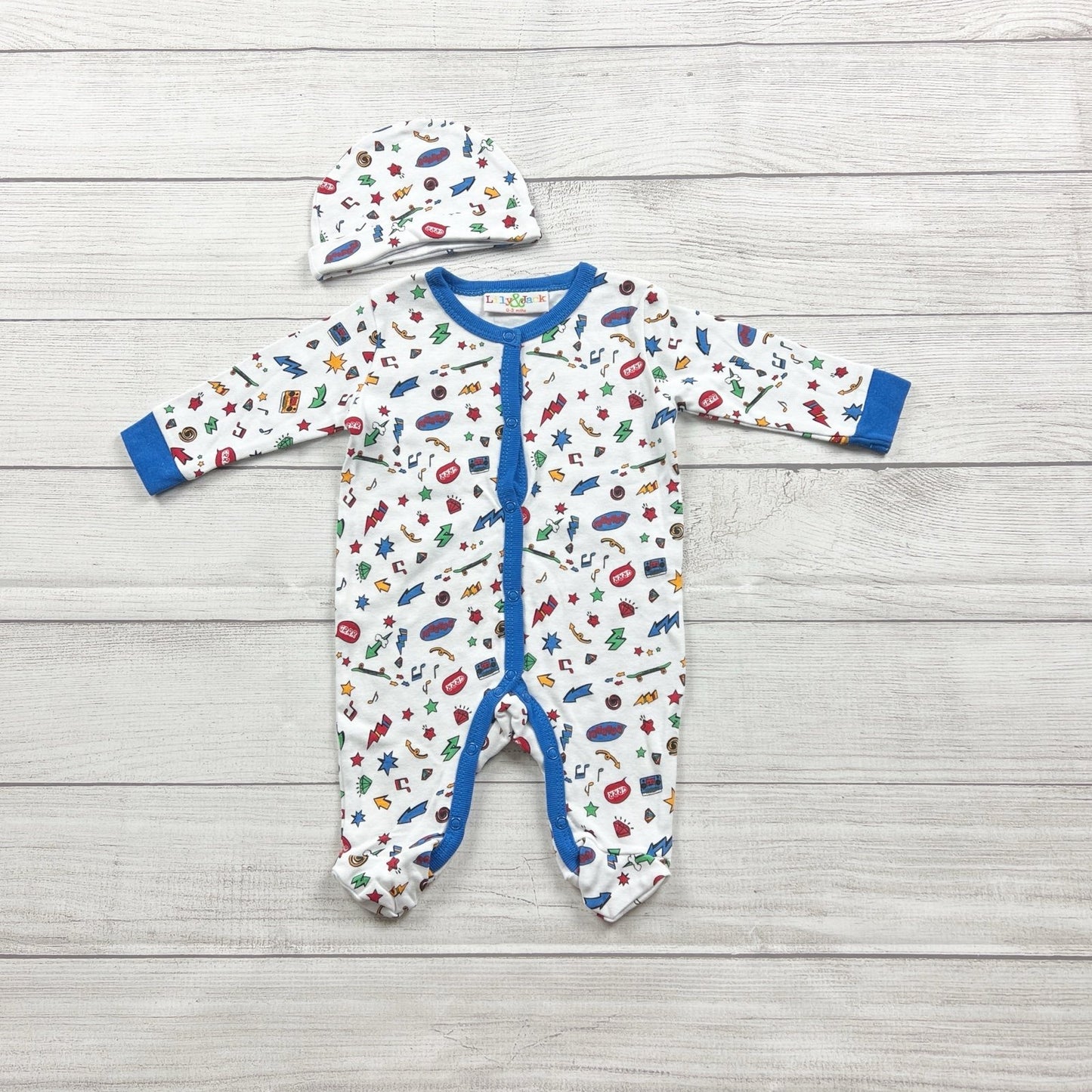 Lily & Jack Baby Boys Footed Sleeper Hat Set White Blue Comic Print 0-3 Months