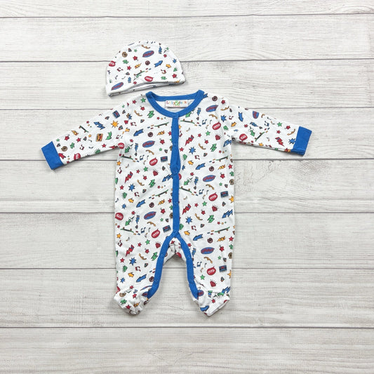 Lily & Jack Baby Boys Footed Sleeper Hat Set White Blue Comic Print 0-3 Months