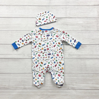 Lily & Jack Baby Boys Footed Sleeper Hat Set White Blue Comic Print 0-3 Months