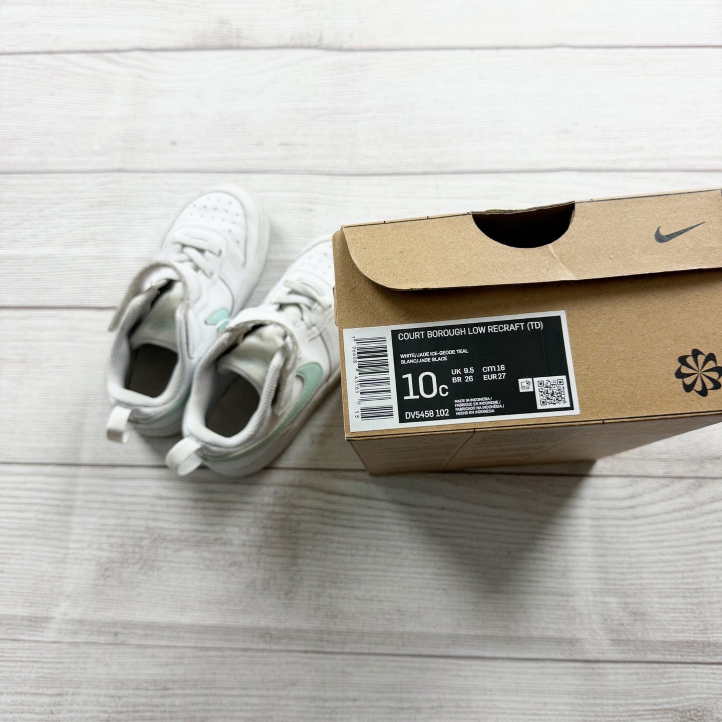 Nike Court Borough Low Recraft Toddler Sneakers White Jade Ice Velcro Shoes 10 C