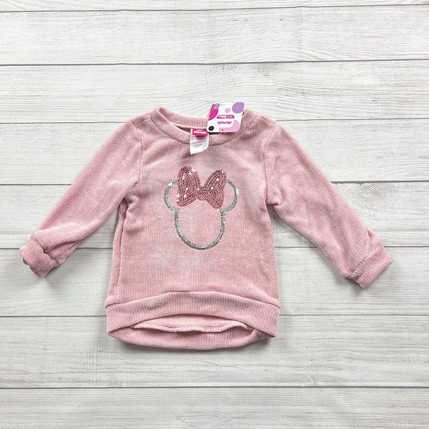 Disney Junior Minnie Mouse Sweater Chenille Pullover Sequin Bow Graphic NWT 3T