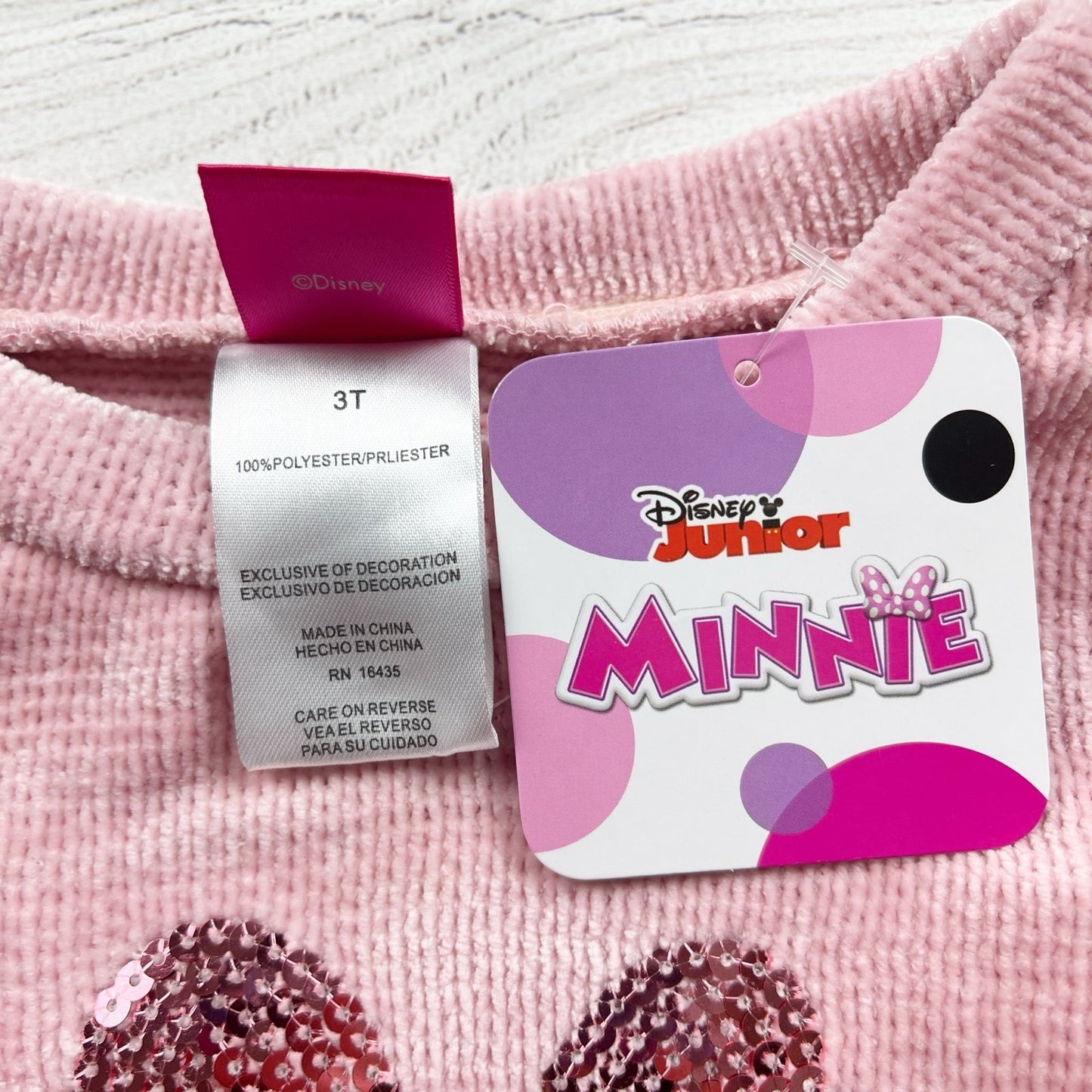 Disney Junior Minnie Mouse Sweater Chenille Pullover Sequin Bow Graphic NWT 3T
