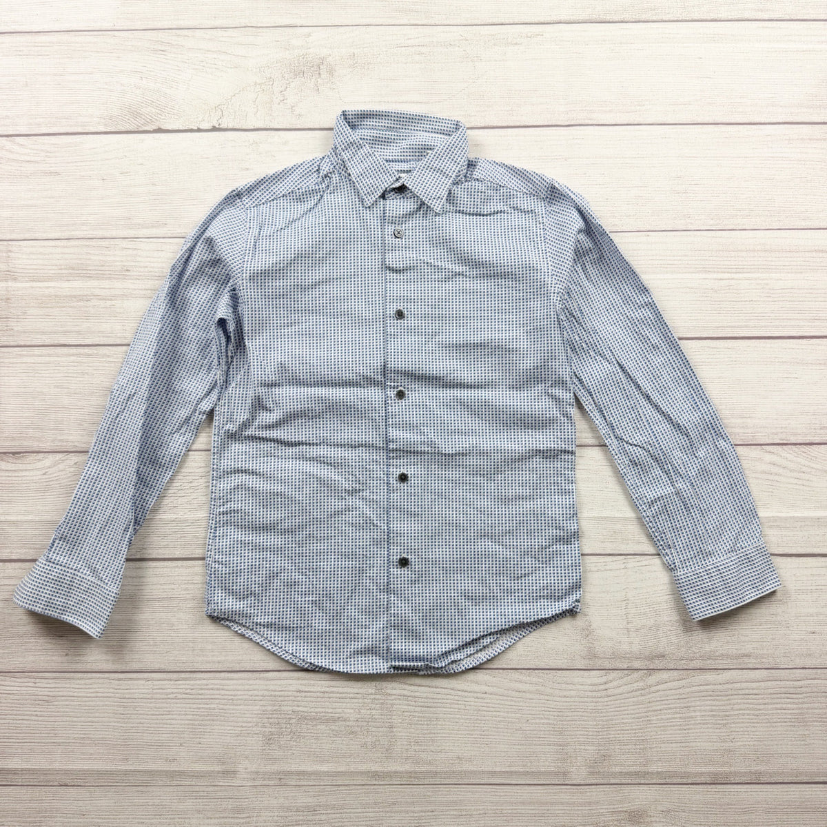 Calvin Klein Slim Fit Stretch Button Up Boys Shirt Blue White Pattern 10
