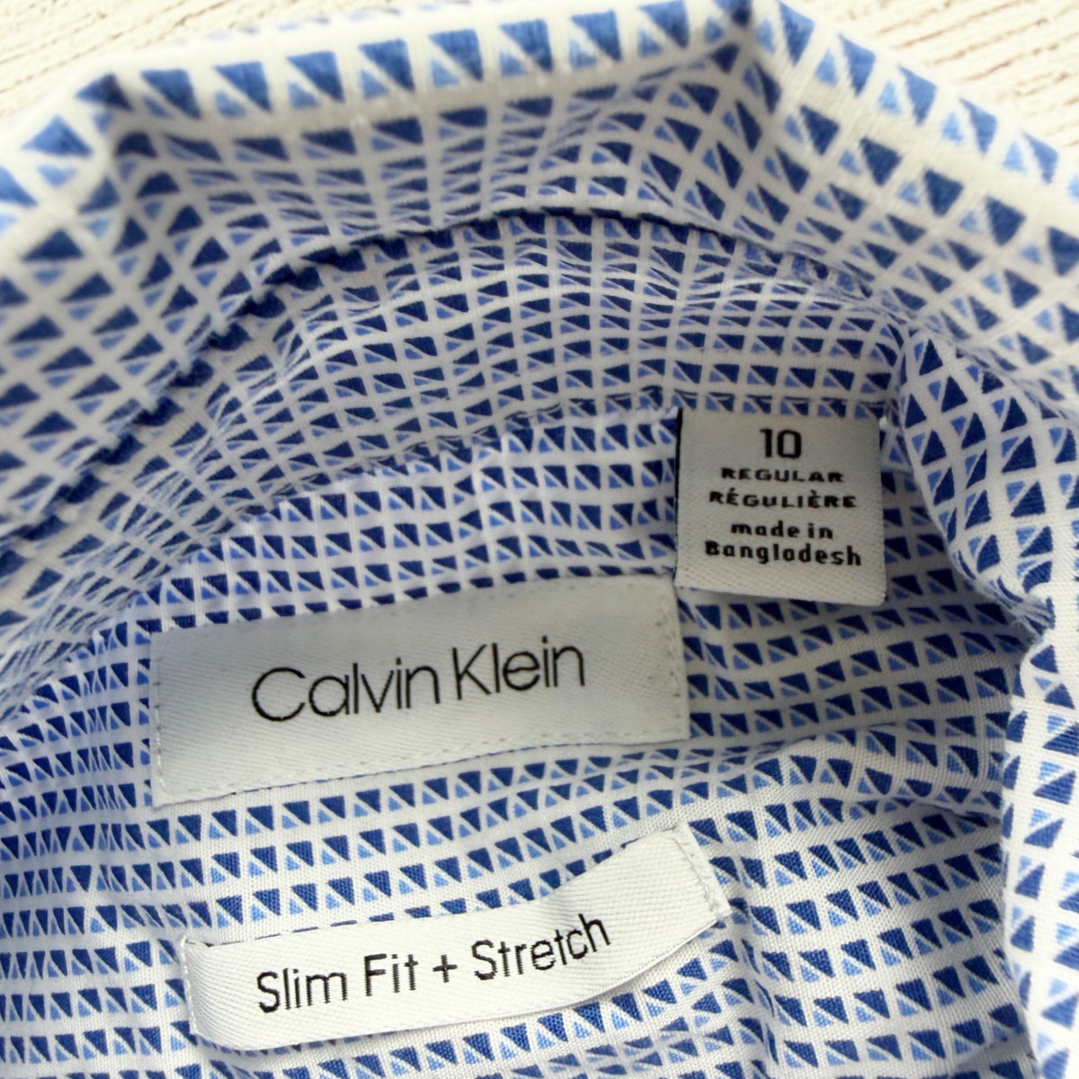 Calvin Klein Slim Fit Stretch Button Up Boys Shirt Blue White Pattern 10