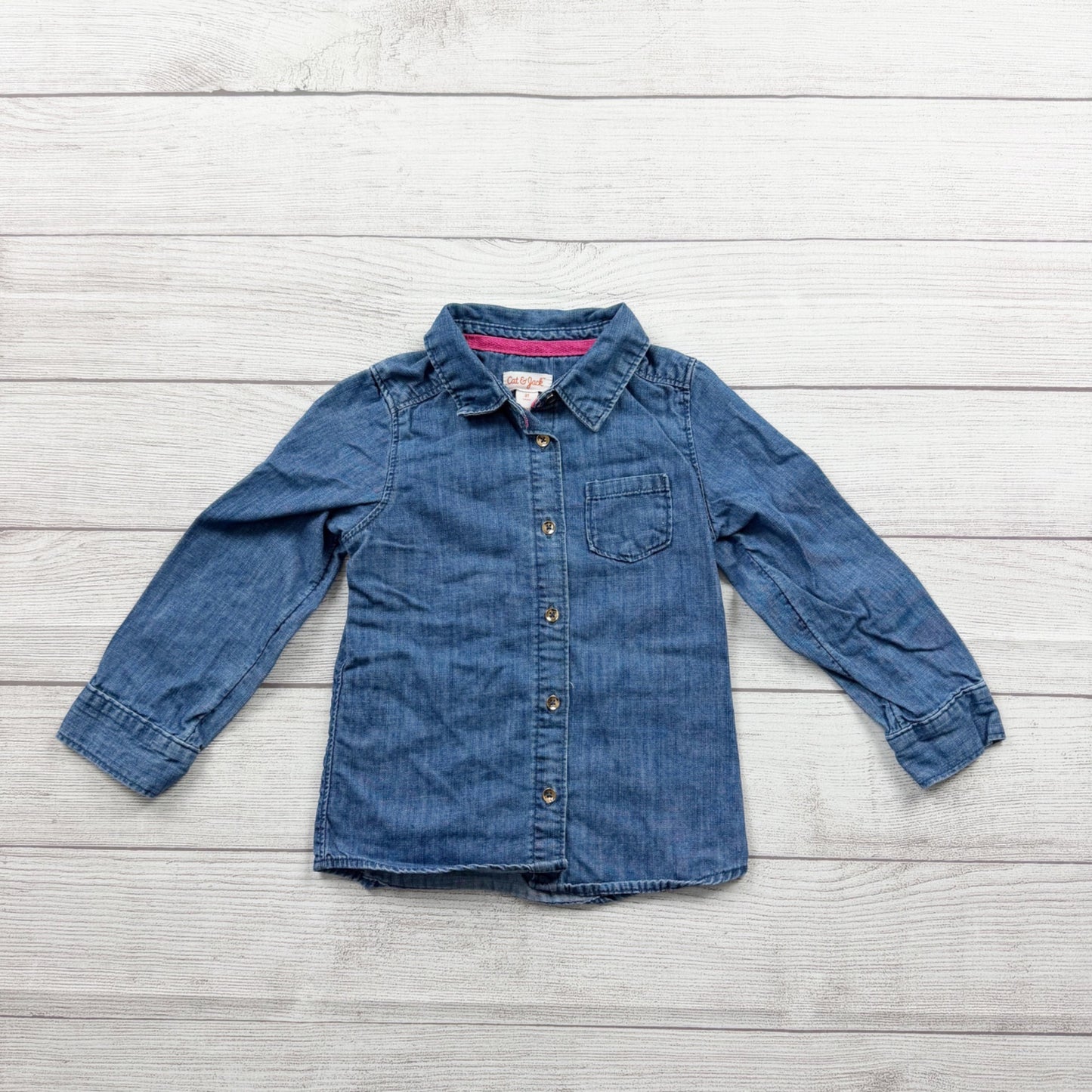 Cat & Jack Toddler Girls Chambray Button Down Shirt Blue Long Sleeve Pocket 3T