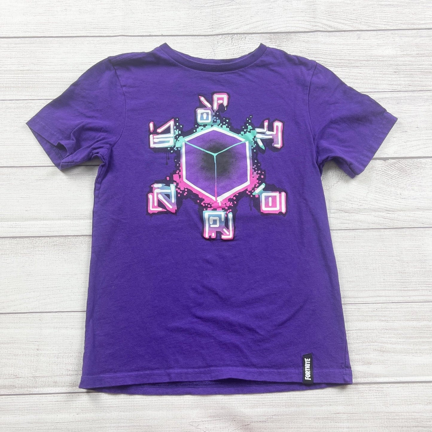 Fortnite Purple Graphic Tee Kids Shirt Cube Design Short Sleeve L 10-12