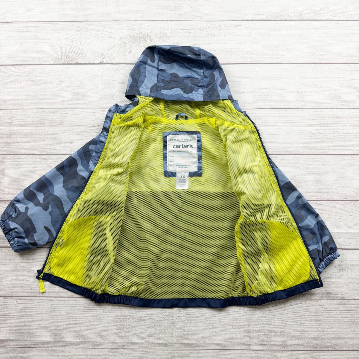 Carter's Blue Camo Water Resistant Hooded Jacket Lightweight Polyester 4-5