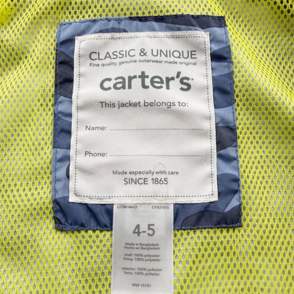 Carter's Blue Camo Water Resistant Hooded Jacket Lightweight Polyester 4-5