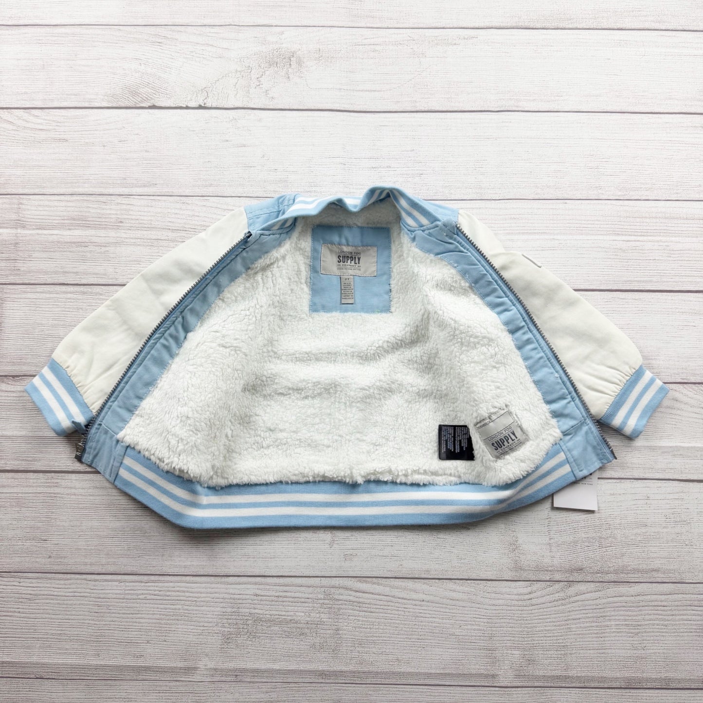 London Fog Toddler Varsity Jacket Blue White Sherpa Lined Bomber Zip Up 2T