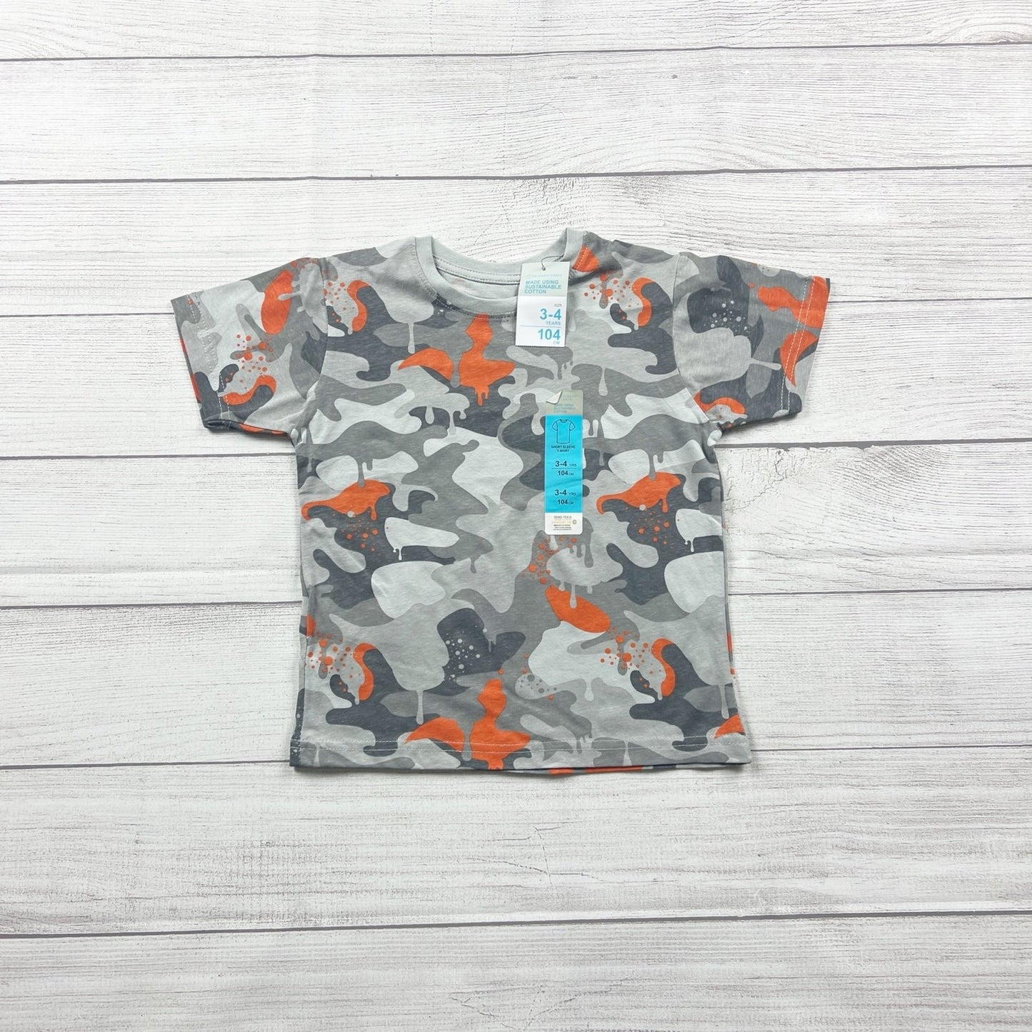 Primark Kids T-Shirt Camo Dinosaur Print Gray Orange Cotton NWT 3-4